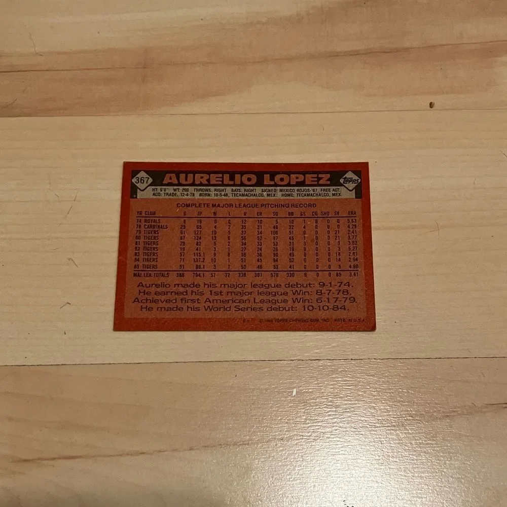 1986 Topps Detroit Tigers Baseball Card Trading Card